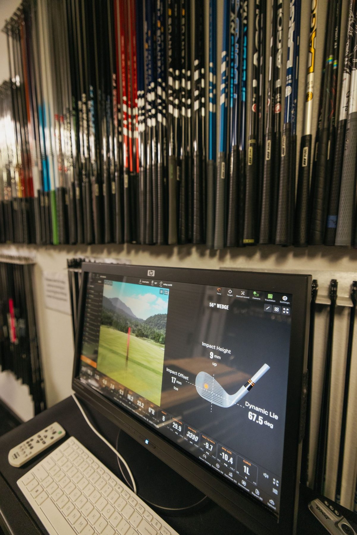 TrackMan data on screen in front of the shaft wall at No Bogeys Laguna Niguel